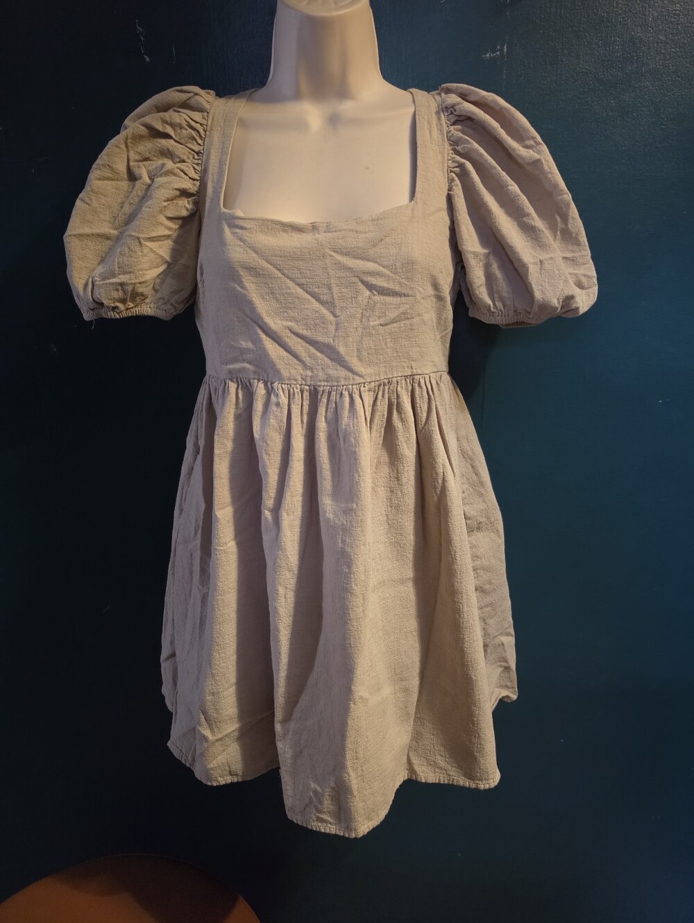 Altar'd State Puff Sleeve Mini Dress in Light Beige